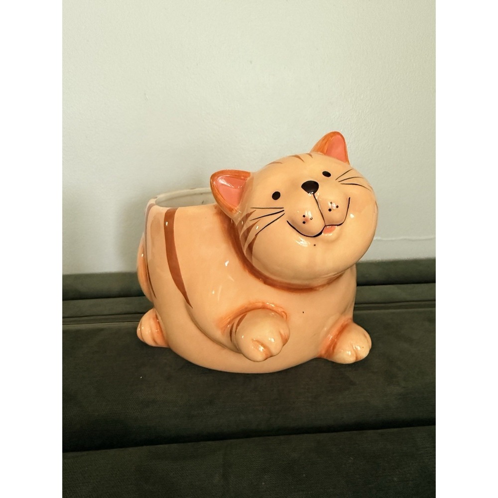Orange Tabby Cat Planter Ceramic Fat Chunky Kitty Cat